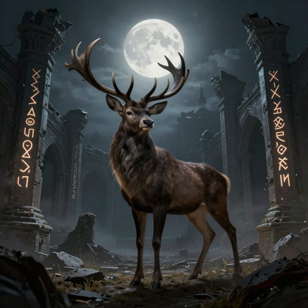Majestic Stag in Ruined City Under Ethereal Moonlight