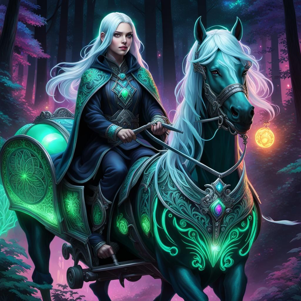 Anime Woman Rides Wagon Through Mystical Forest