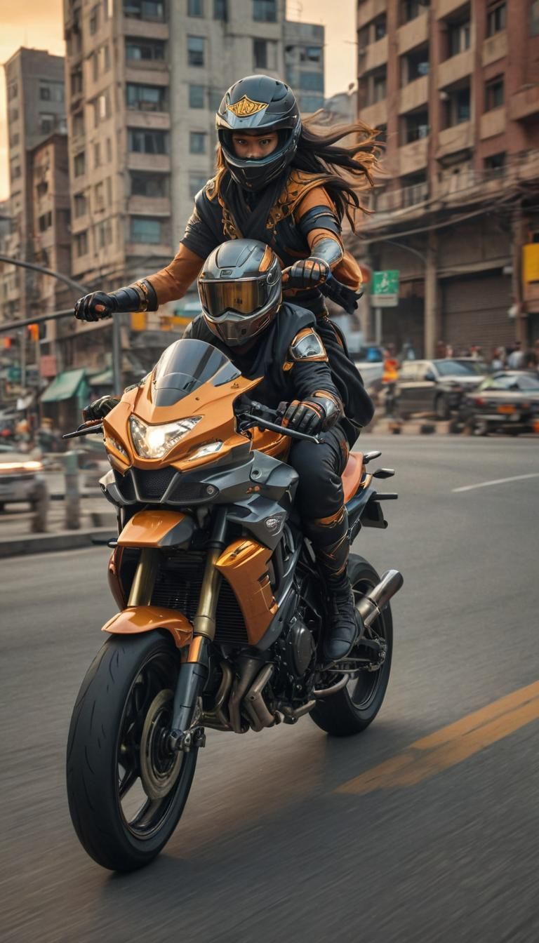 Motorcycle Ride with Hindu Goddess in Cityscape