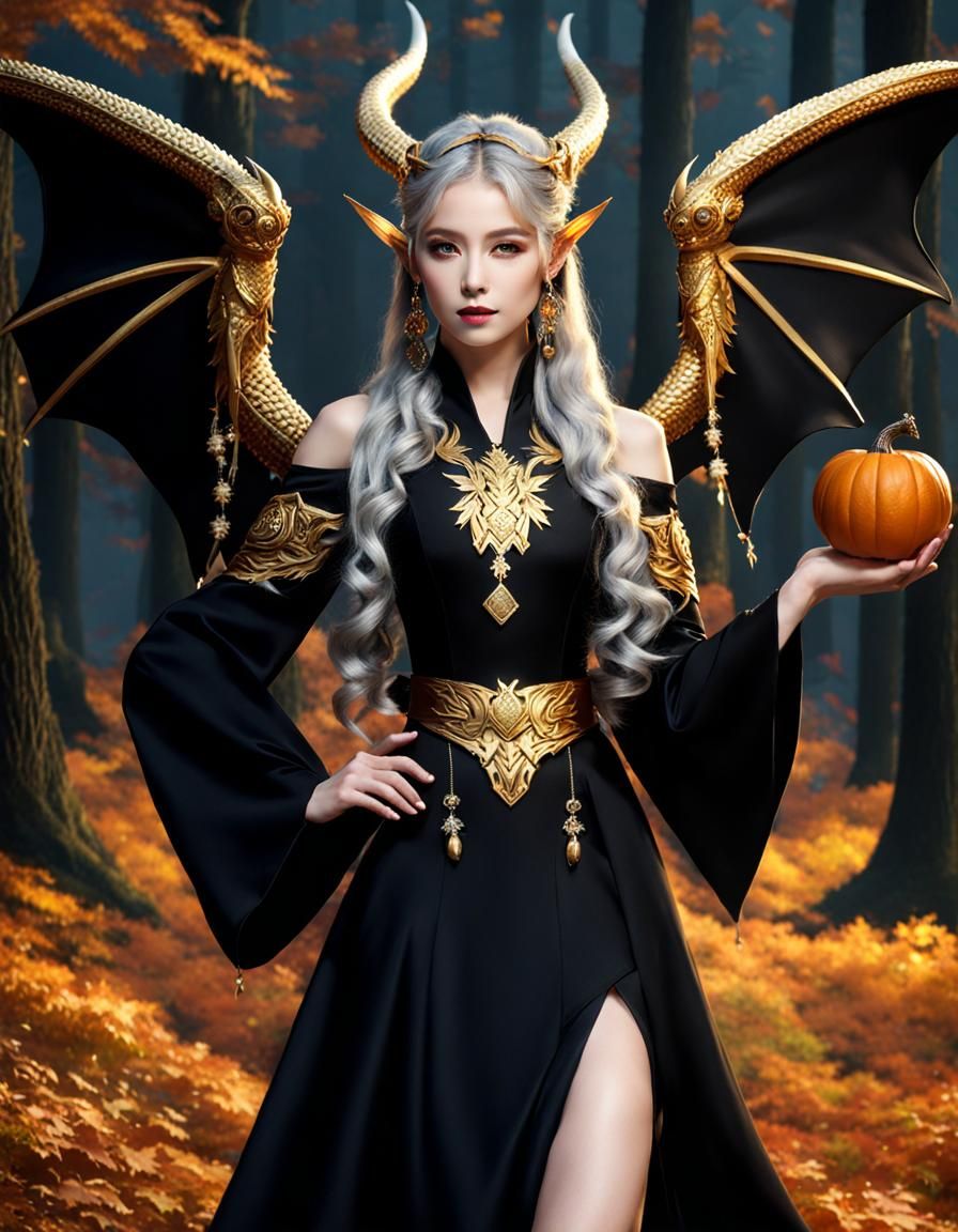 Dragon Woman in Autumn Forest Illustration
