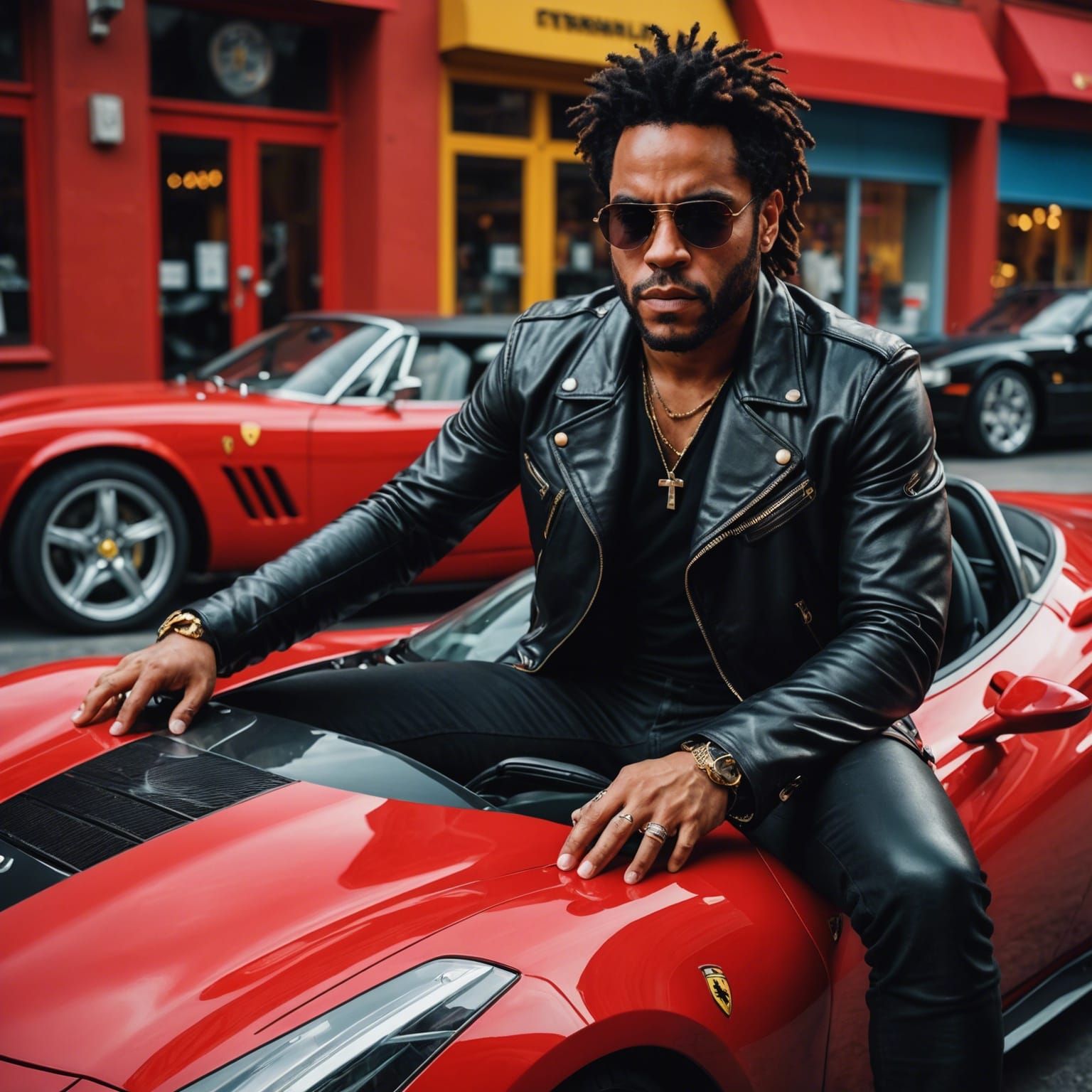 Lenny Kravitz on a Red Ferrari: Hyperrealistic Splash Art