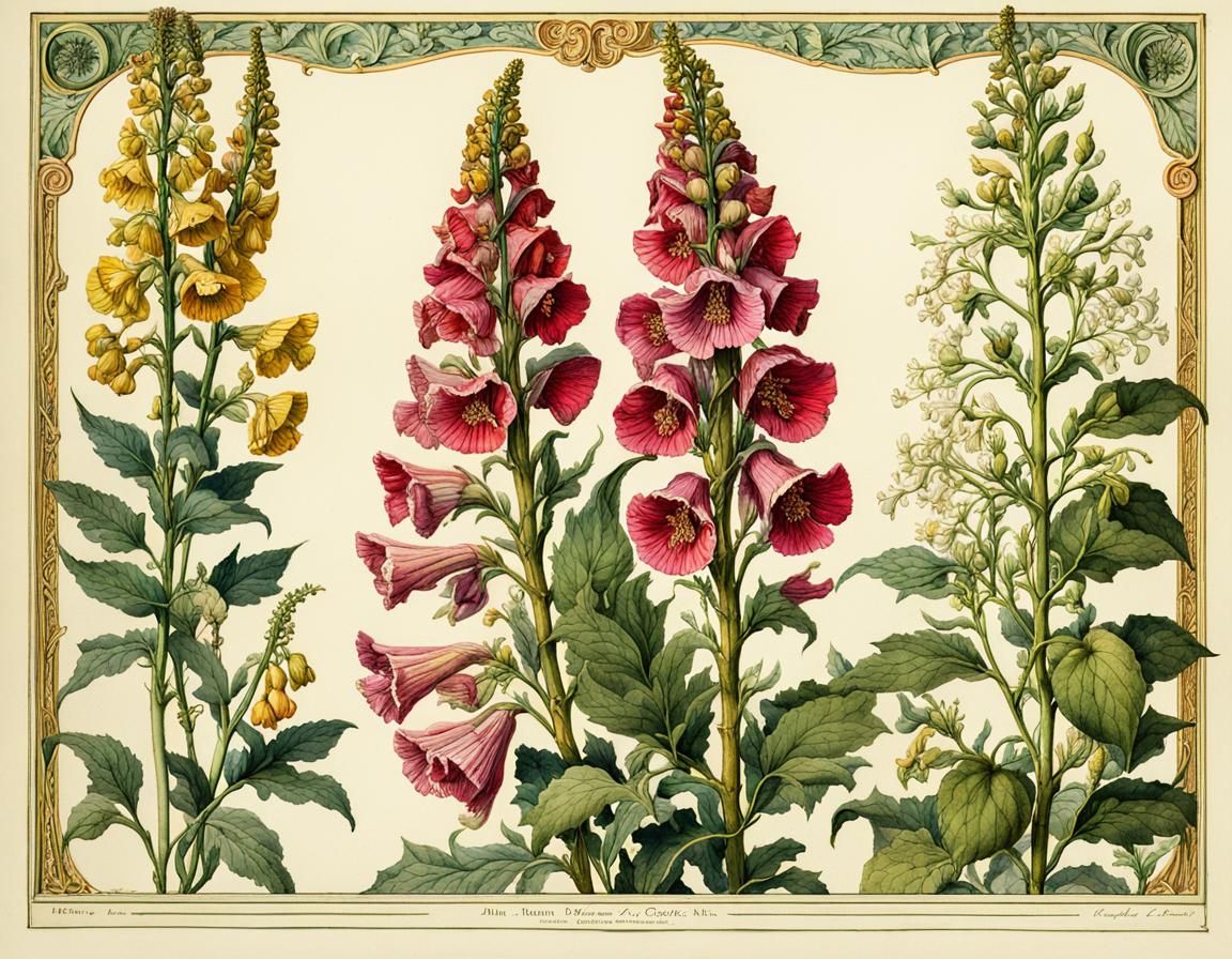 Vintage Botanical Foxglove Watercolor with Gold Border