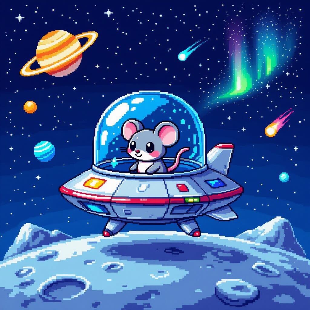 Pixel Cartoon Alien Spaceship with Chibi Mouse on Moon