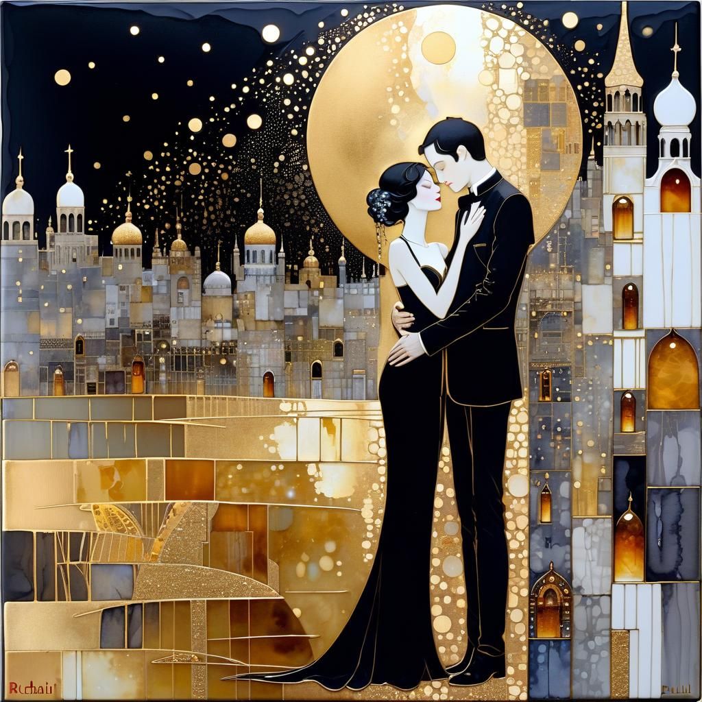 Romantic Embrace in Surreal Alcohol Ink Dreamscape