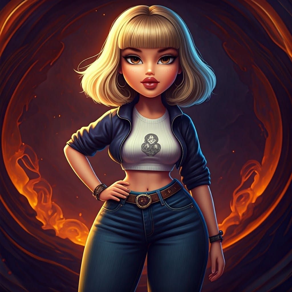 Sultry Bratz Doll-Inspired Figure in Vibrant Fantasy Setting