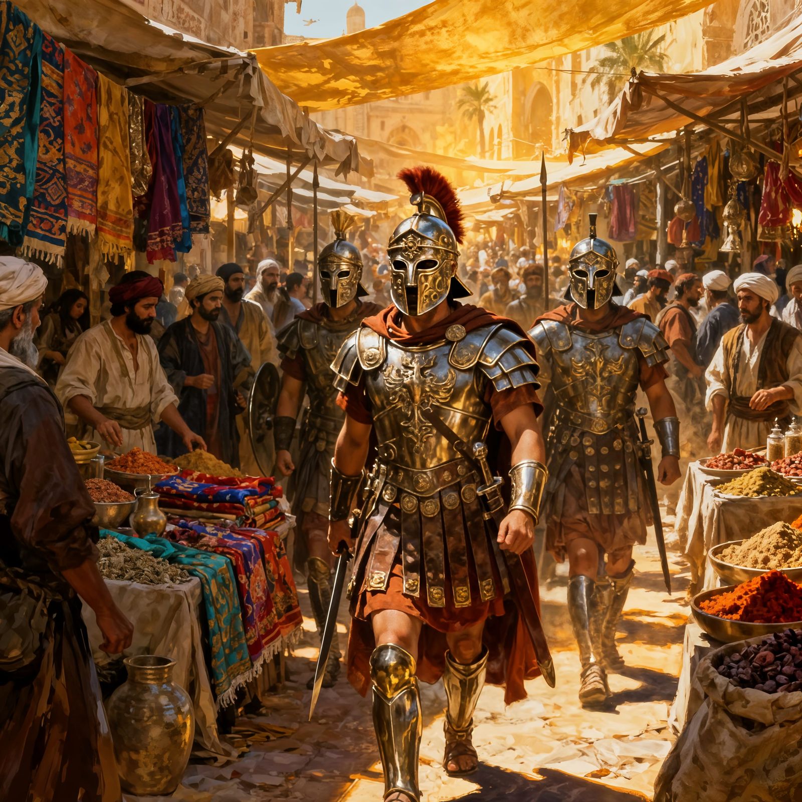 Roman Warriors Enforce Peace in Bustling Bazaar