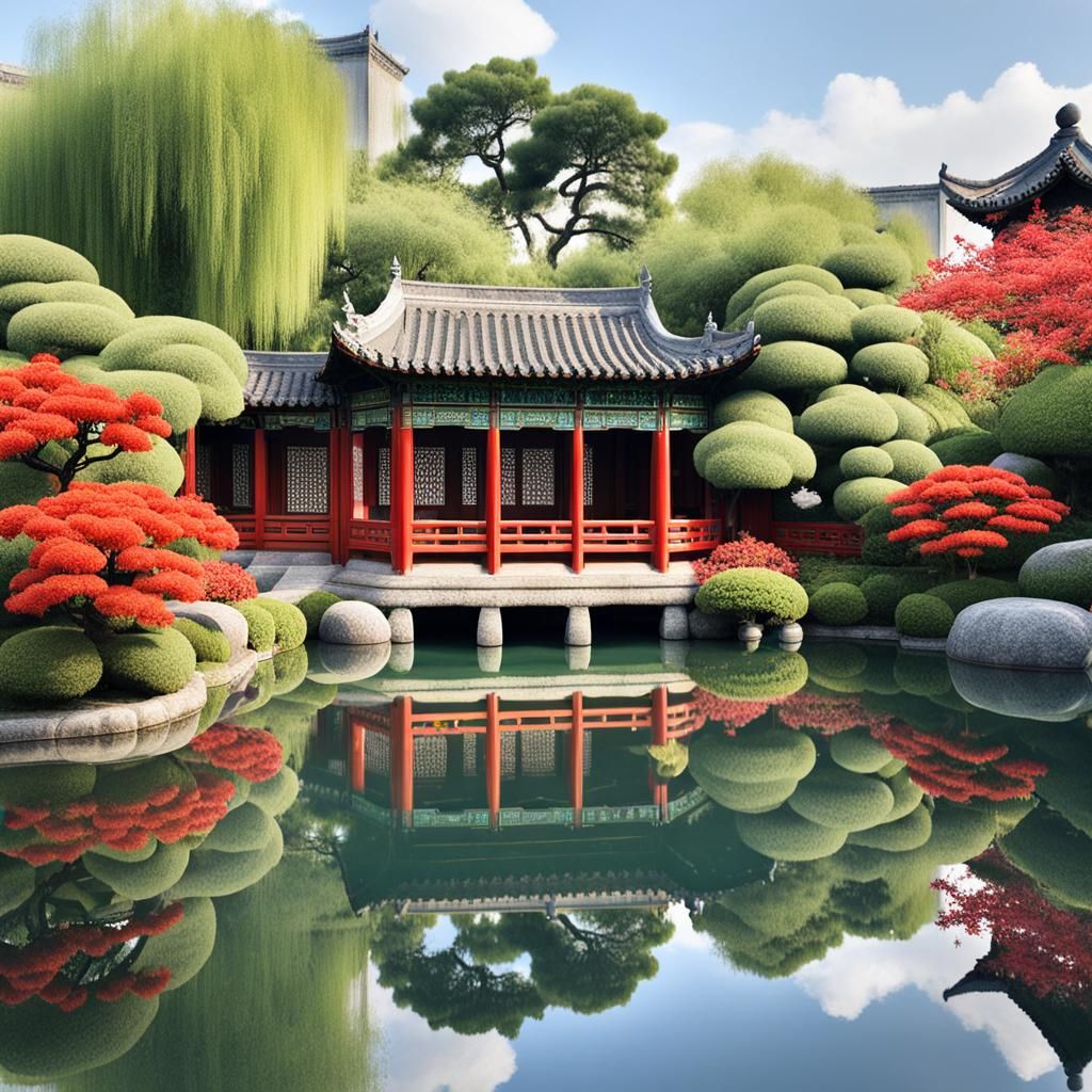 Reflections of Flowers in Chinese Garden Pool