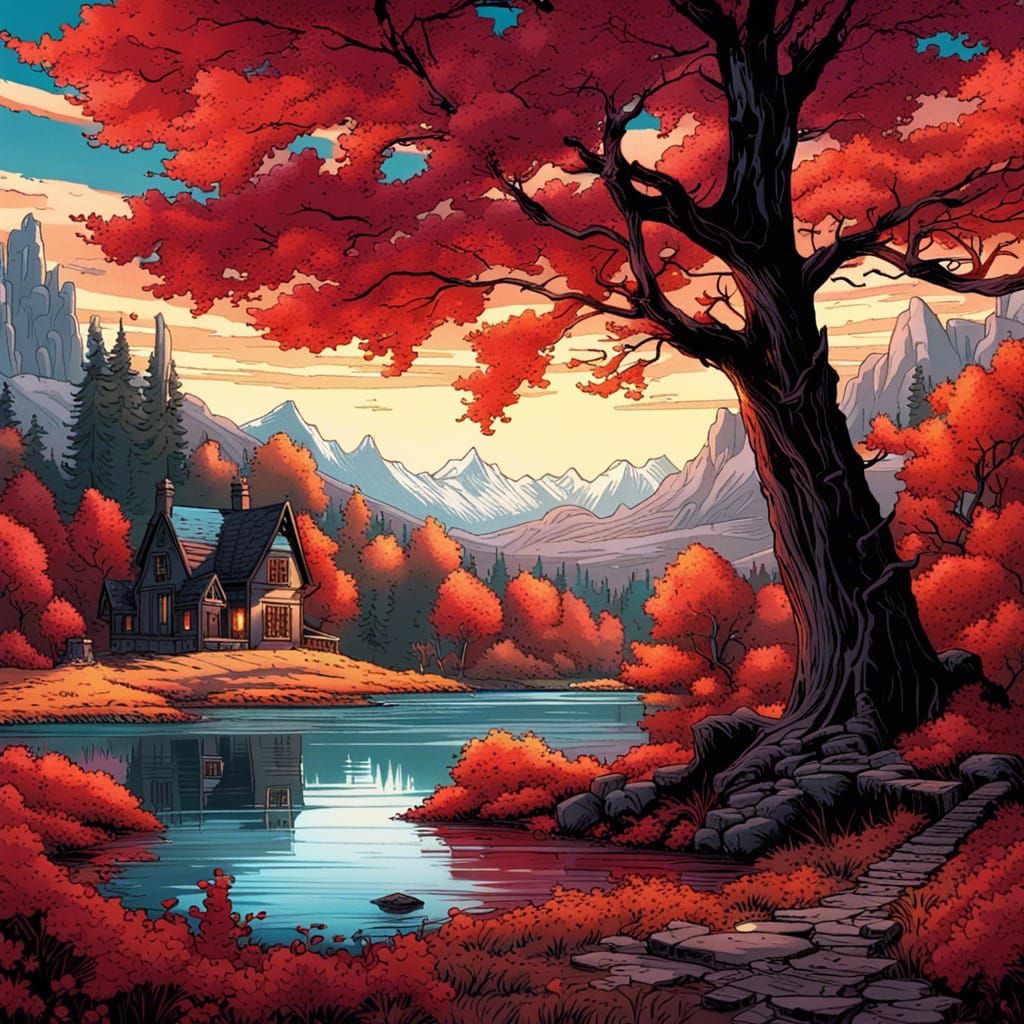 Victorian Village in Autumnal Landscape, Comic Book Art