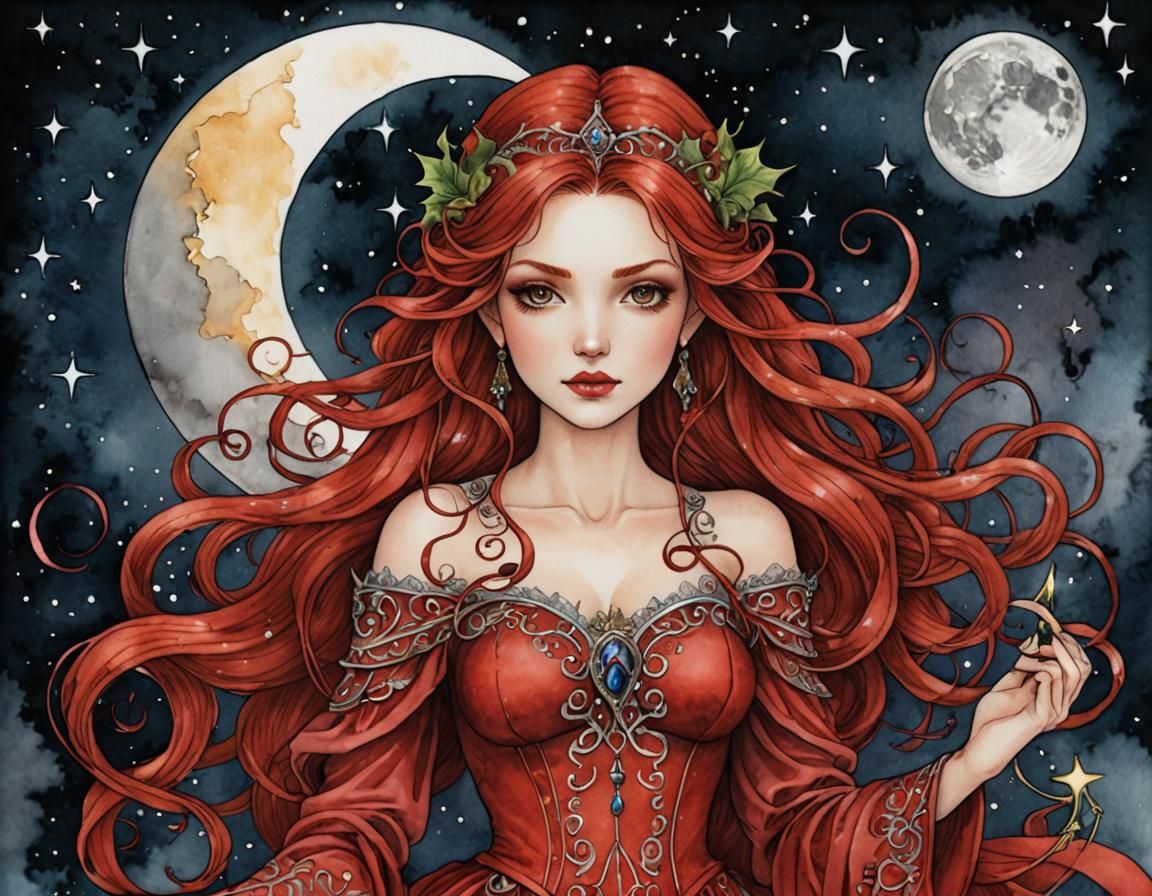 Red-Haired Night Fairy in Digital Watercolor Style