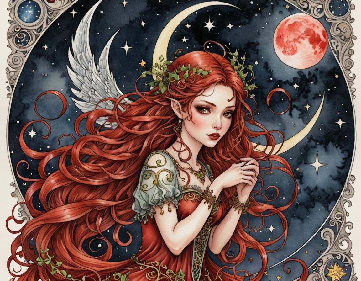 Red-Haired Night Fairy Digital Watercolor Art
