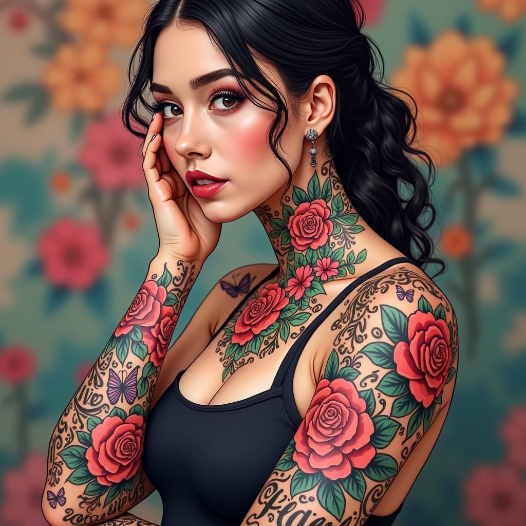Woman with Full-Sleeve Tattoos in Surreal Style
