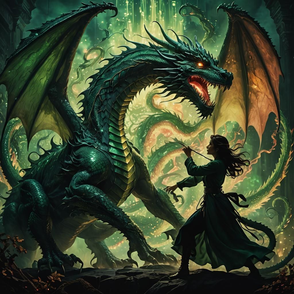 Woman Battles Luminous Dragon in Vintage Photo