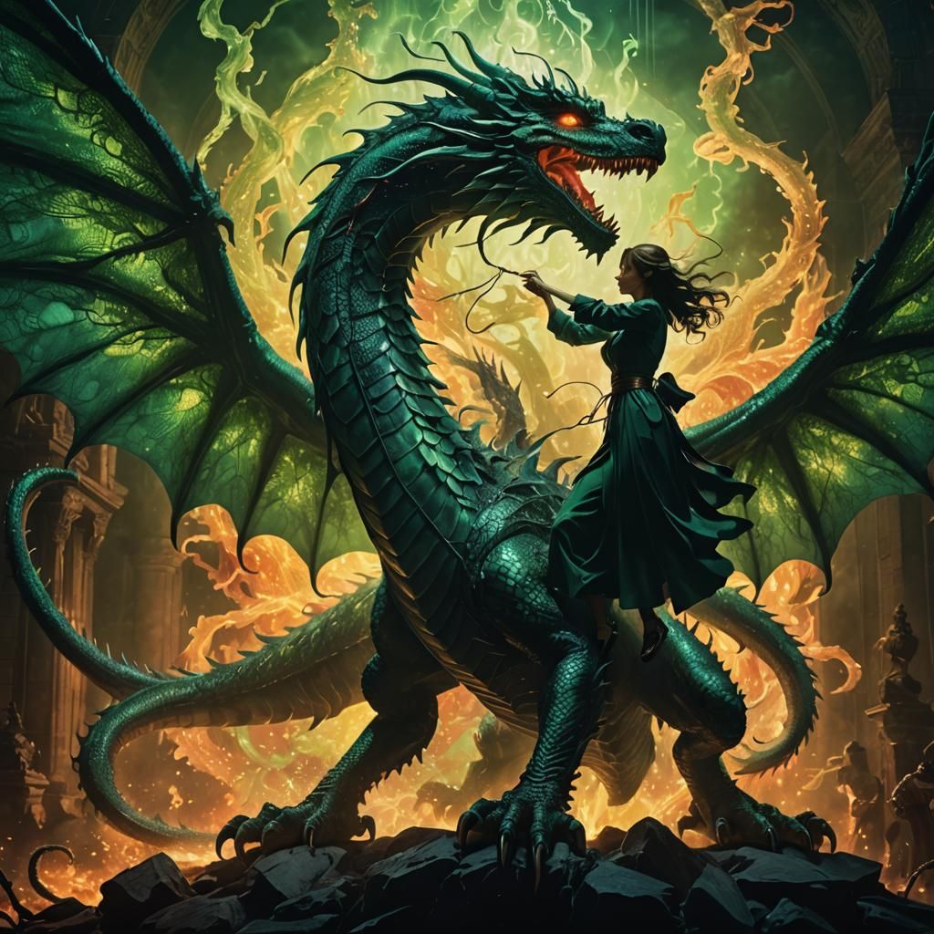 Woman Versus Luminous Dragon in Vintage Photo Style