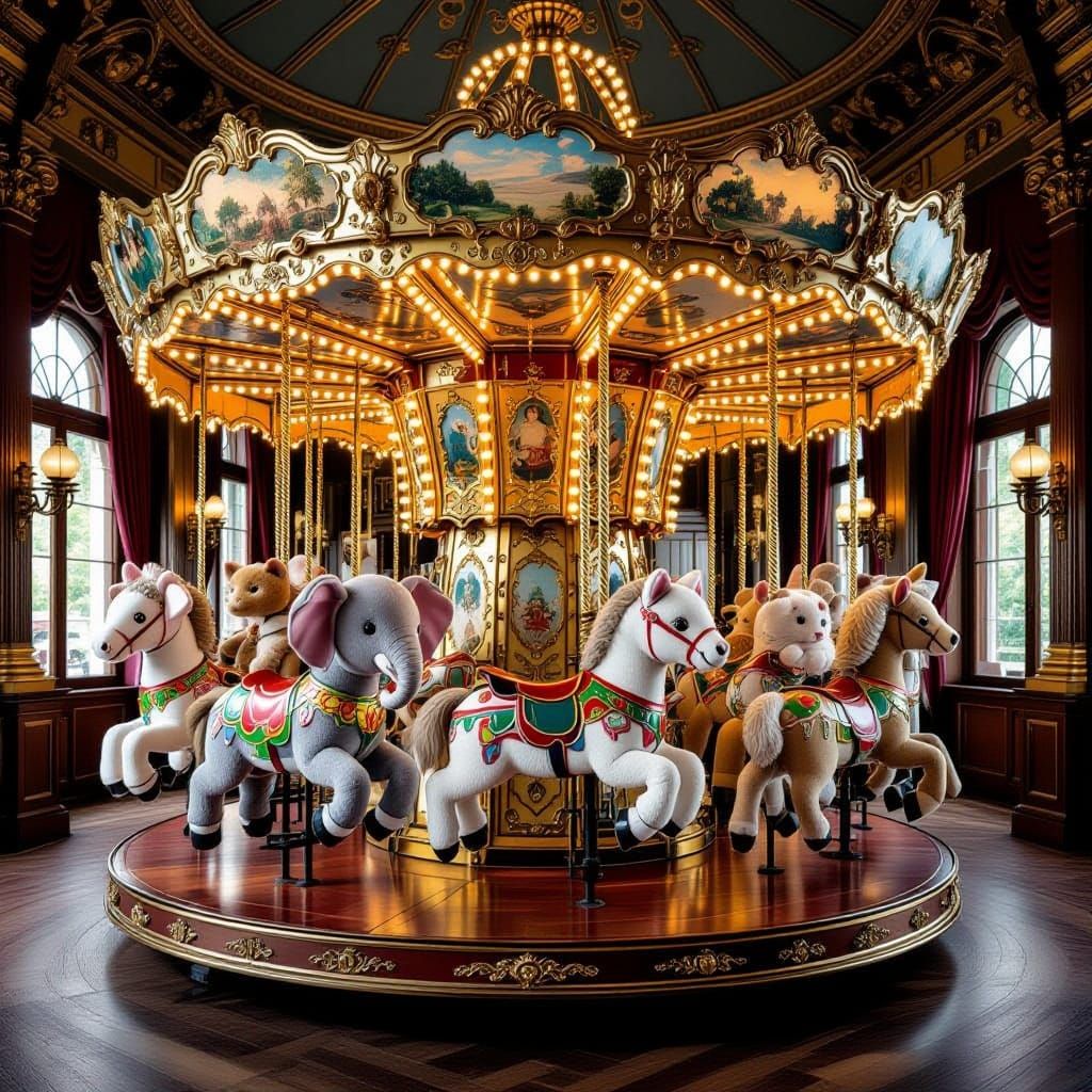 Art Nouveau Carousel with Cute Soft Toy Animals