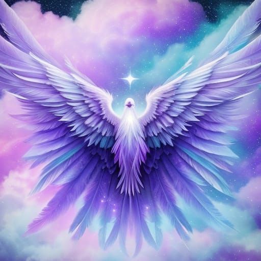 Ethereal Purple Cloud with Stars and Feathers