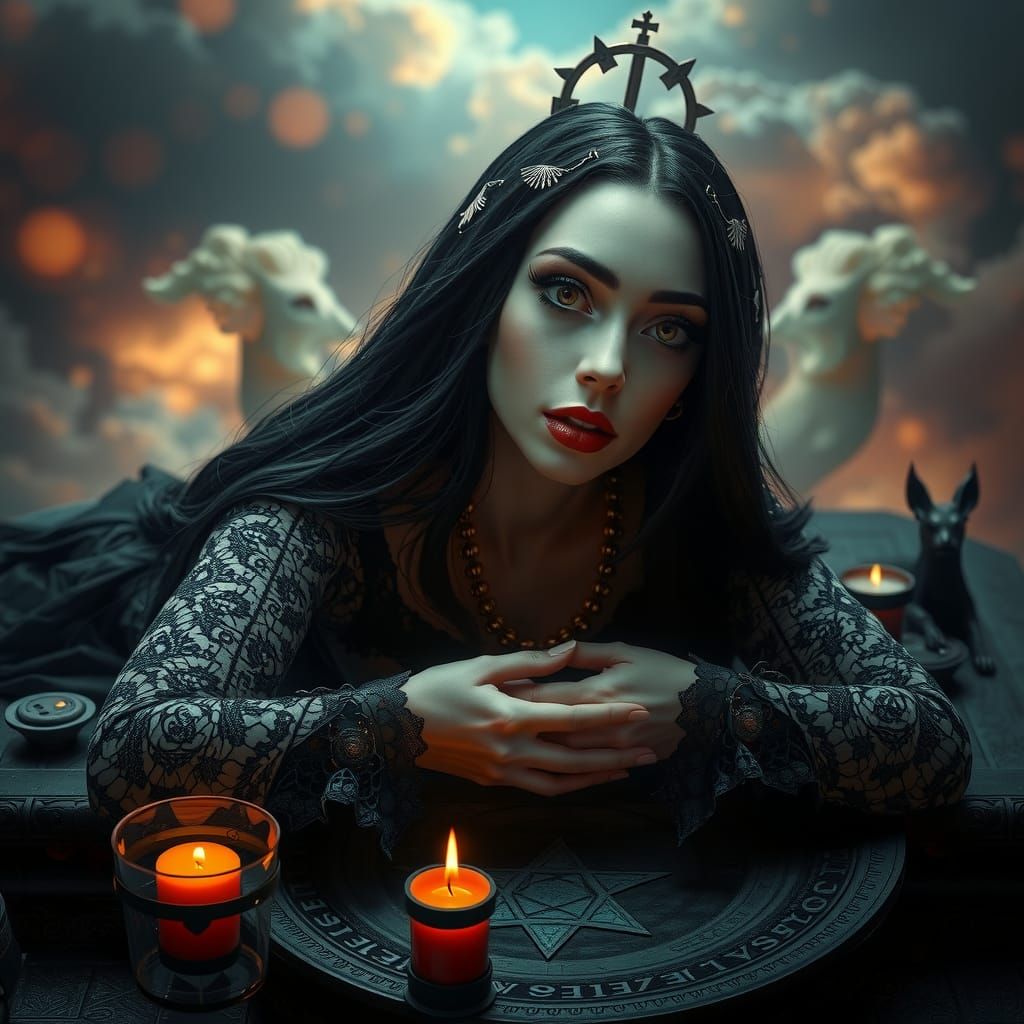 Gothic Woman on Altar in Hyperrealistic Style