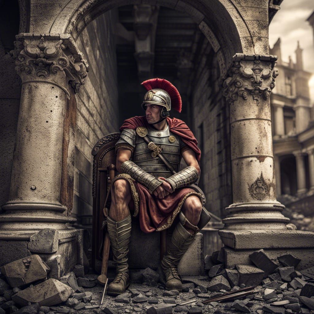 Roman Soldier Watches Empire's Decay: Hyperrealistic HDR Ima...
