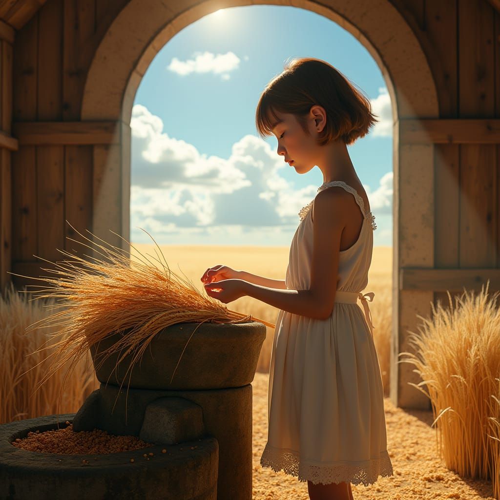 Rustic Mill Scene with Golden Wheat and Young Girl