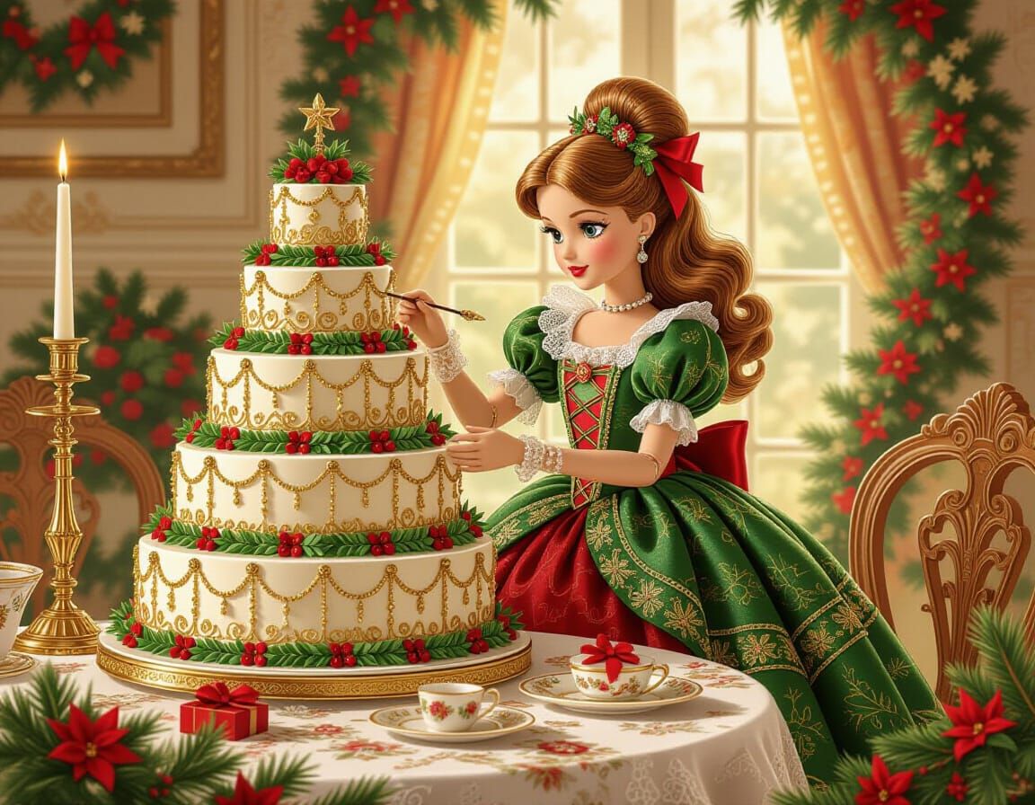 Victorian Barbie Decorates Christmas Cake in Anime Style