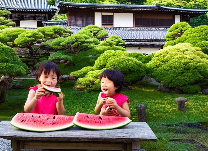 Children Eating Watermelon in Japanese Garden