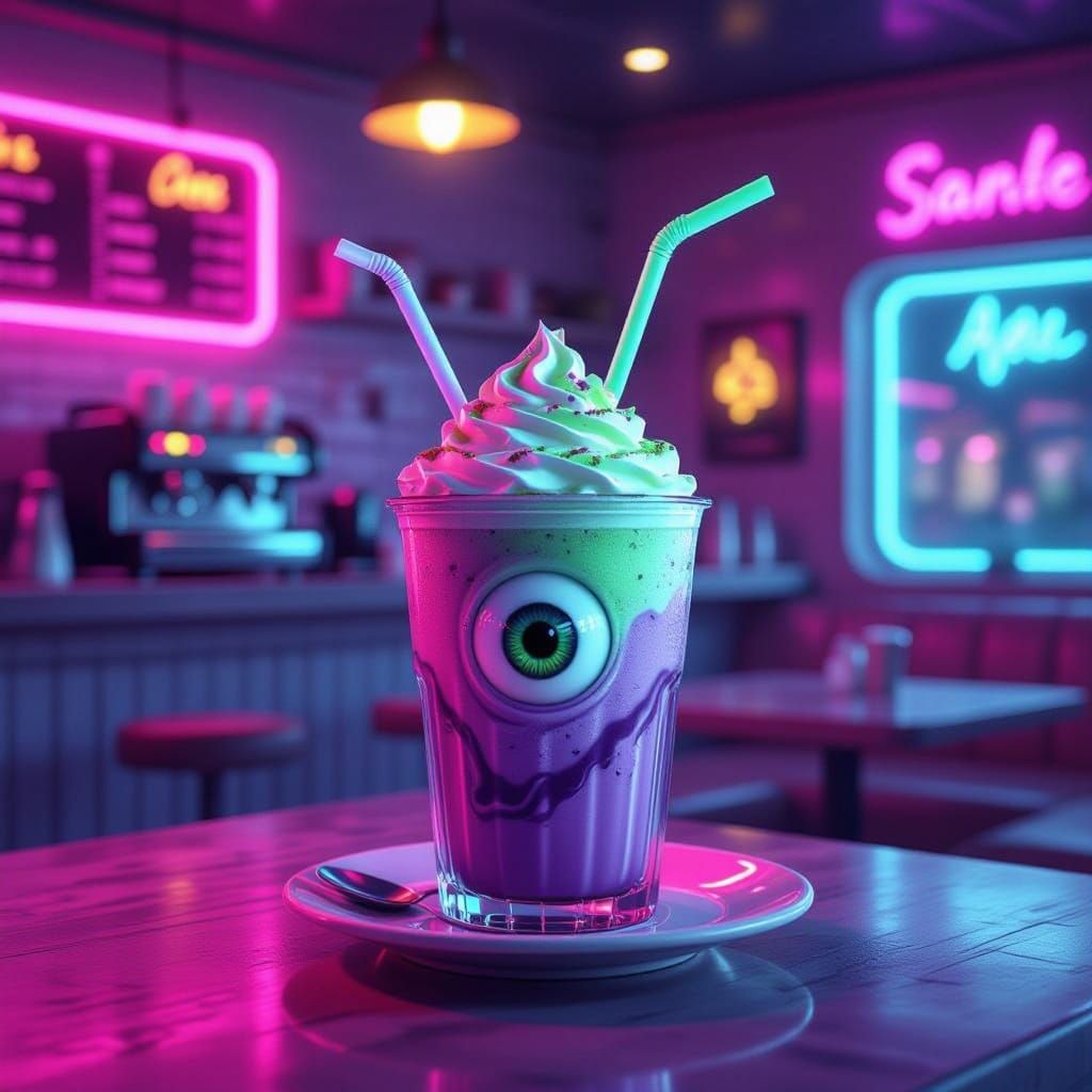Eyeball Frappuccino in Retro-Futuristic Neon Coffee Shop