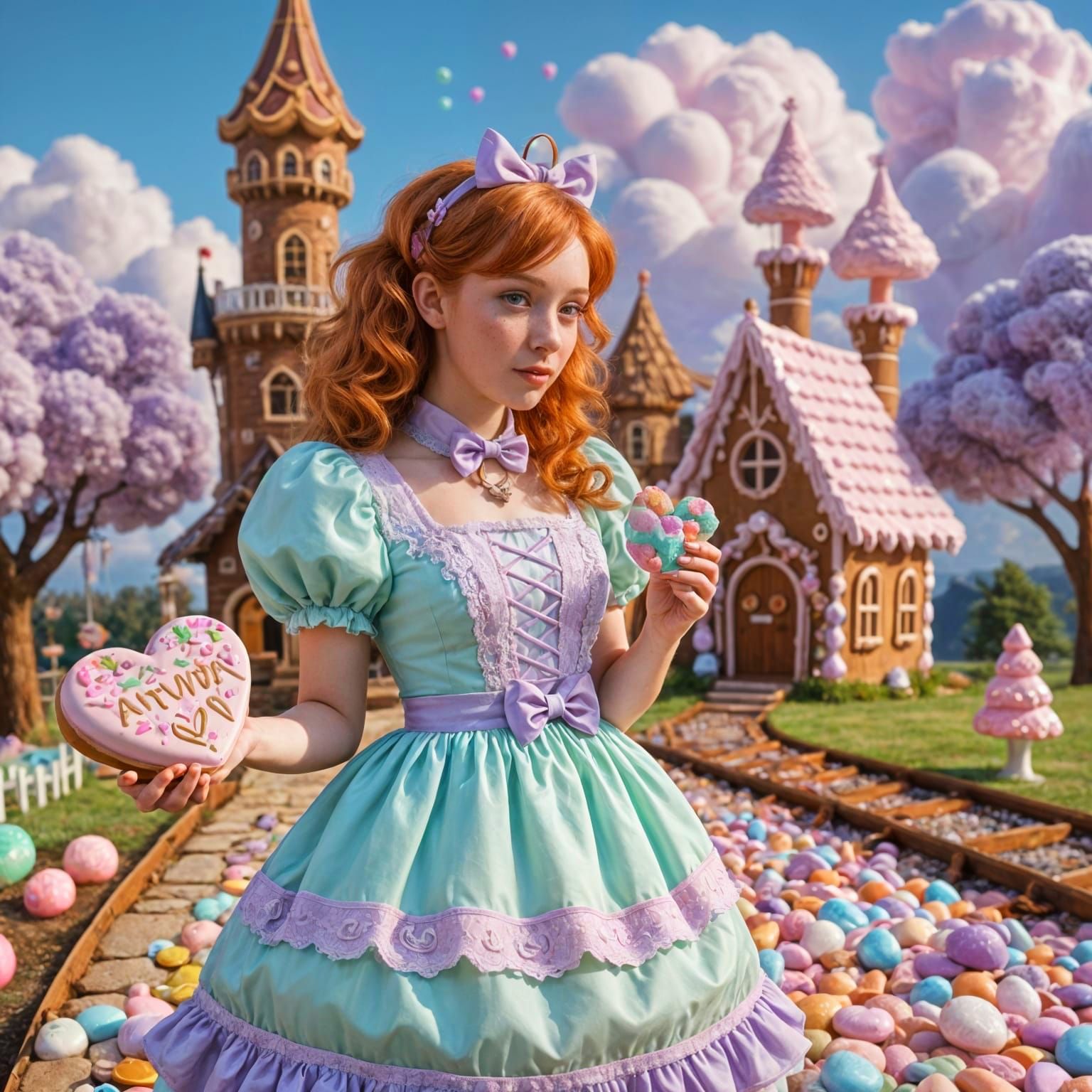 Pastel Princess in Candy World with Chocolate River