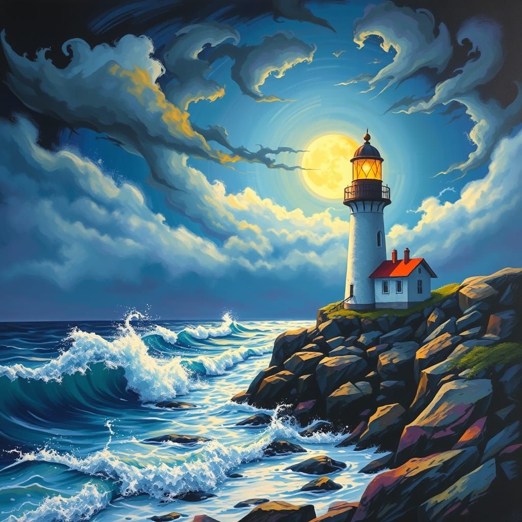 Ethereal Lighthouse Amidst Coastal Drama