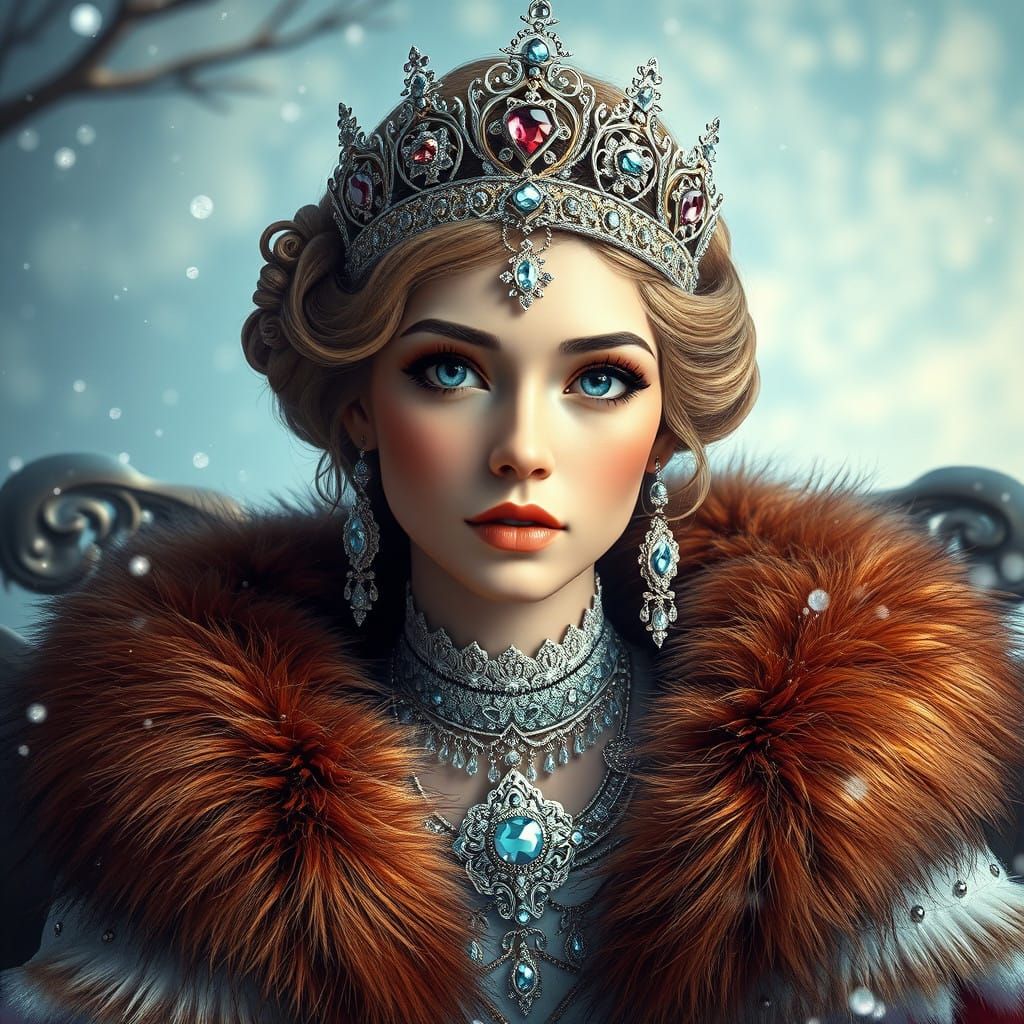 Regal Winter Princess in Hyper-Realistic Art Nouveau Style