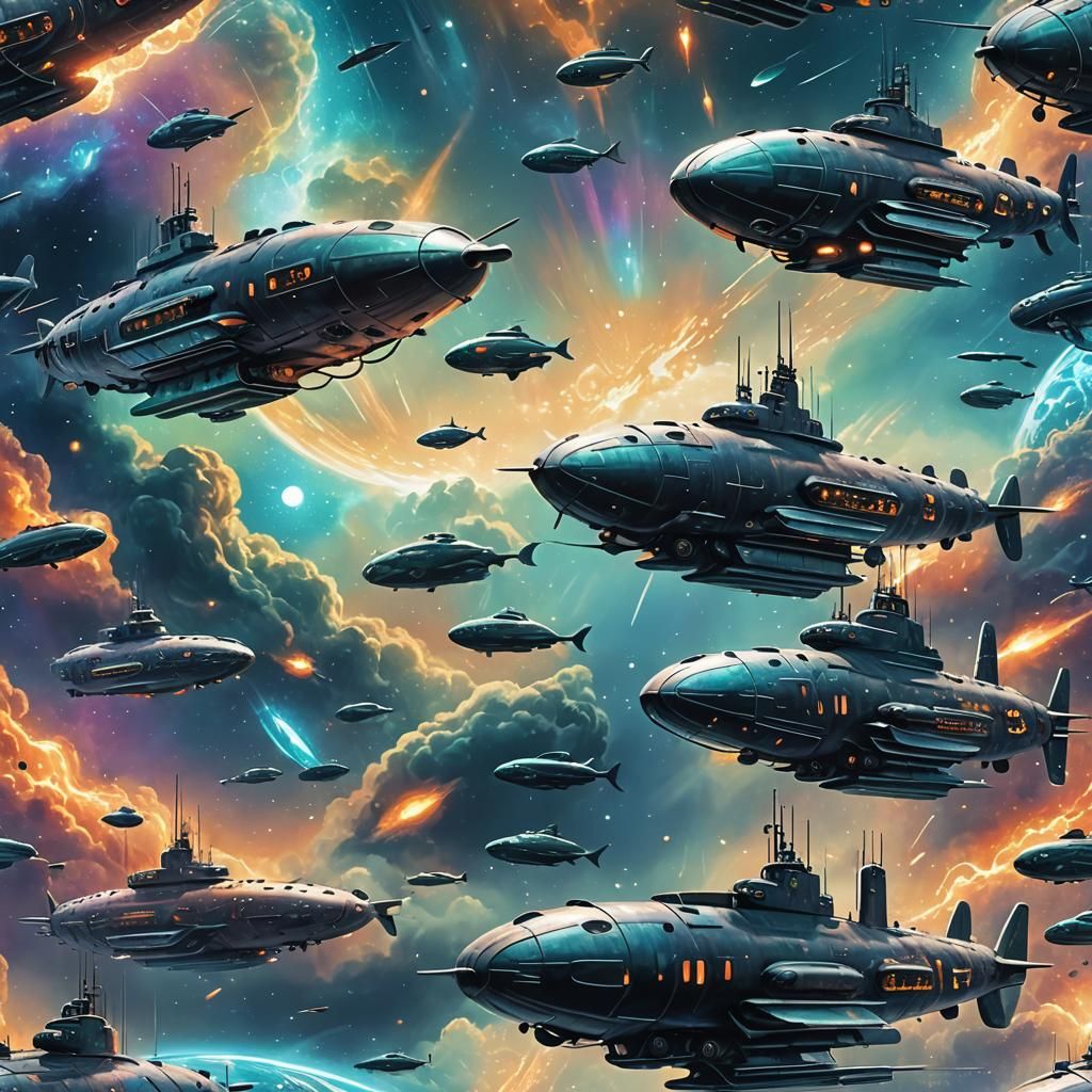 Flying Submarines: Cosmic Astral Illustration