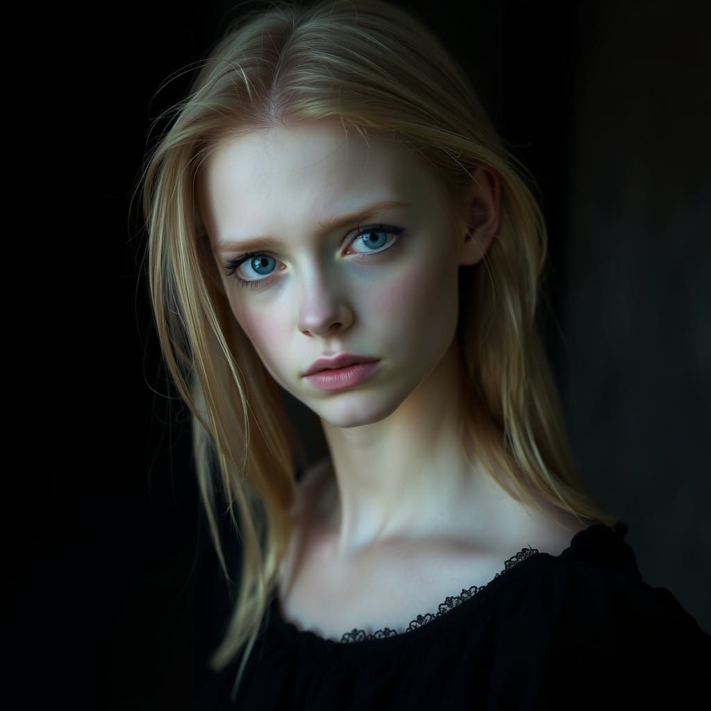 Pale Shy Maiden in Dark Medieval Attire