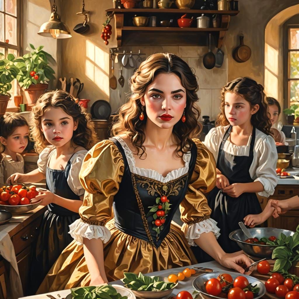 Stylish Woman and Children in Surreal Kitchen Scene