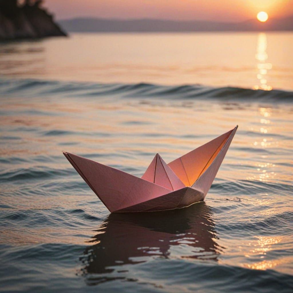 Elegant Origami Boat Sails Across Sunset Sea