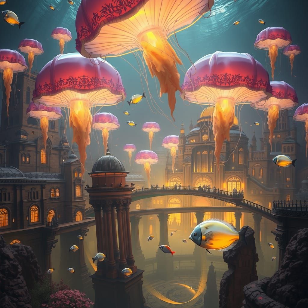 Underwater Atlantis City Illuminated by Jellyfish: Digital A...