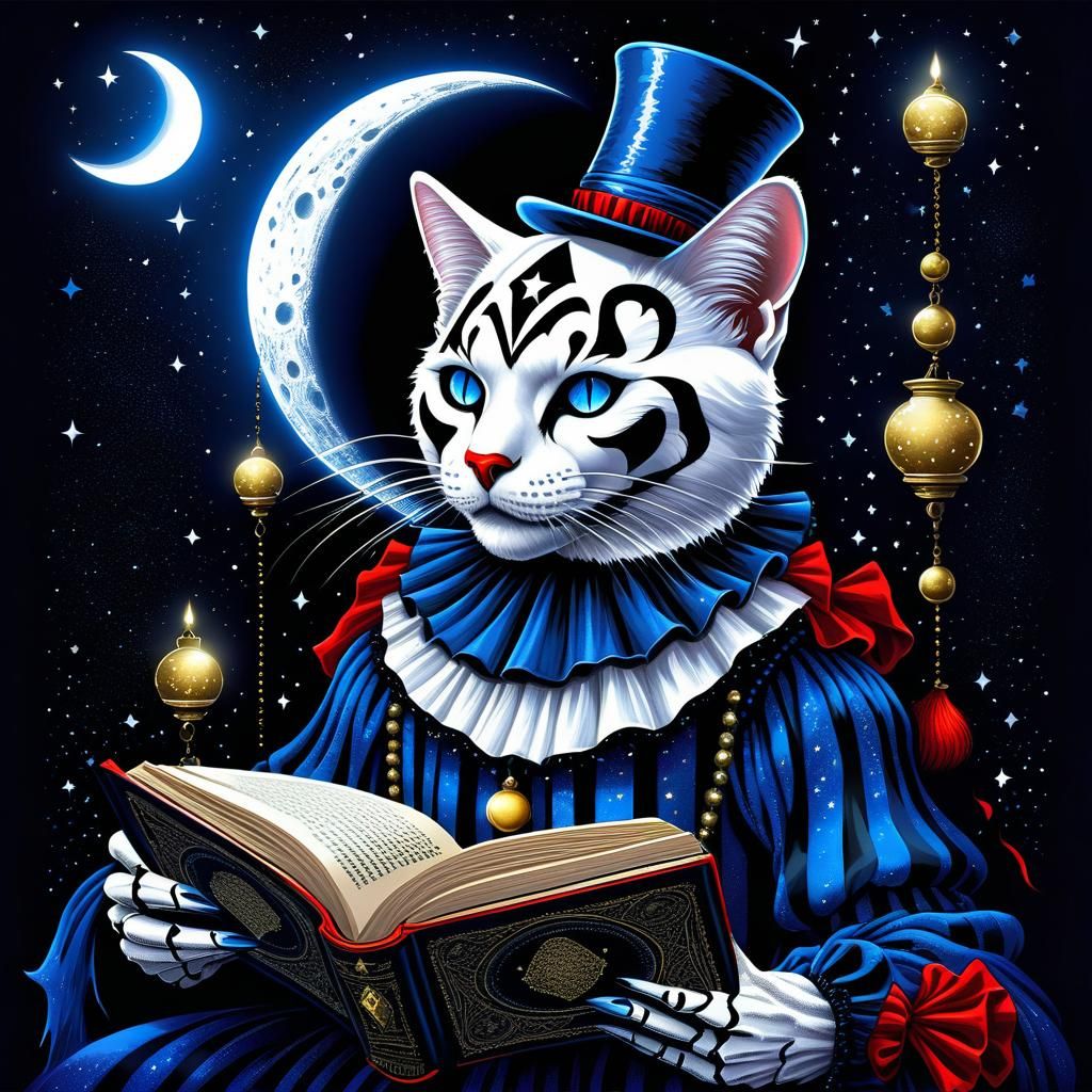 Stipple texture Pierrot clown painted face cat reading book , Magic spell book witchcraft Skeleton cat magic potion magi...