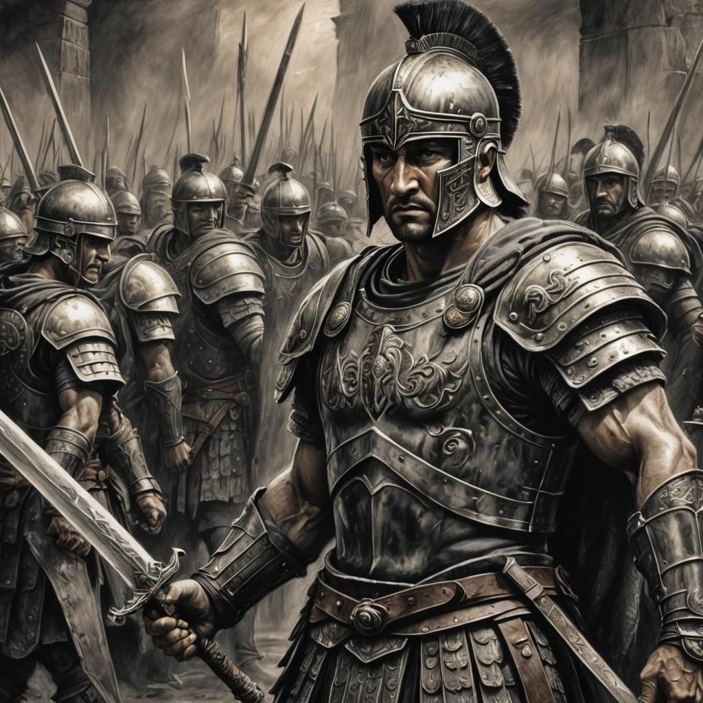 Roman Warrior Charcoal Drawing with Sword