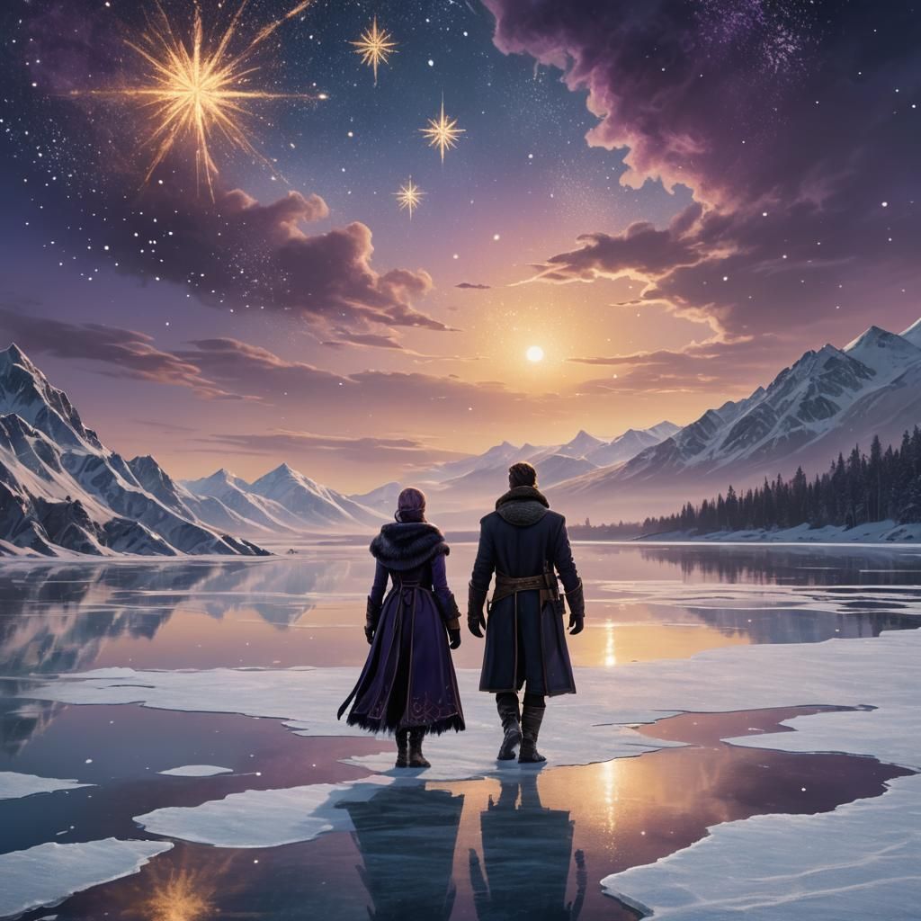 Frozen Lake Landscape with Figures in Fantasy Clothing