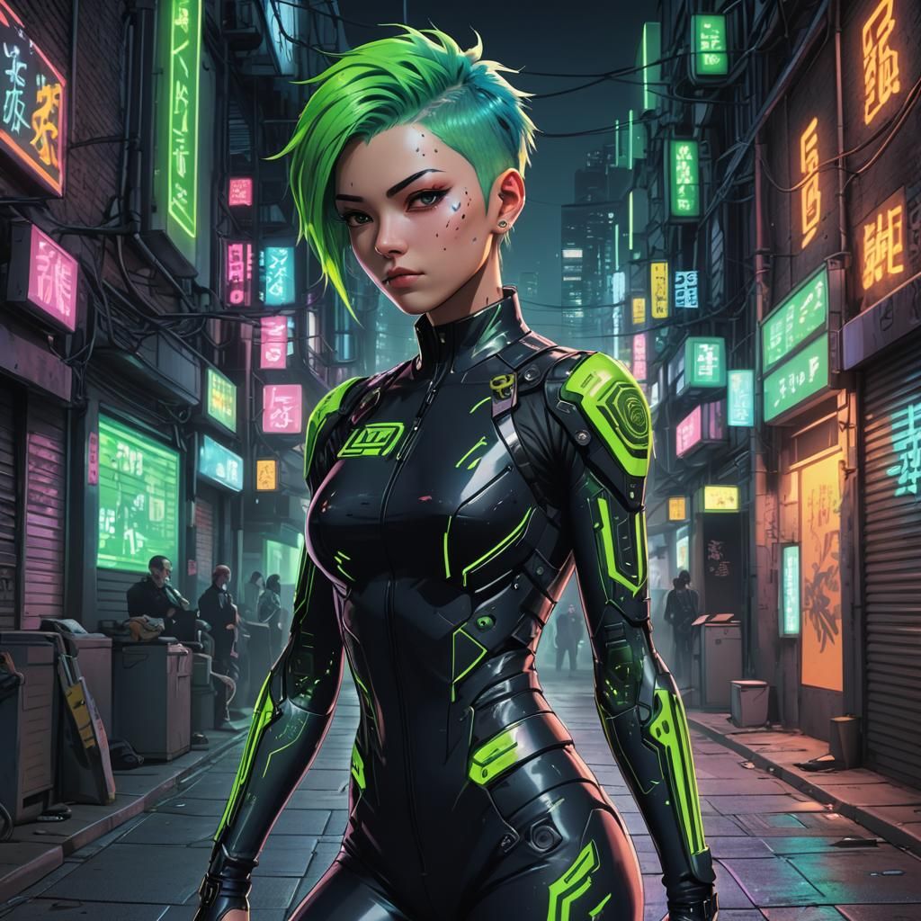 Cyberpunk Anime Girl in Neon Alley Portrait