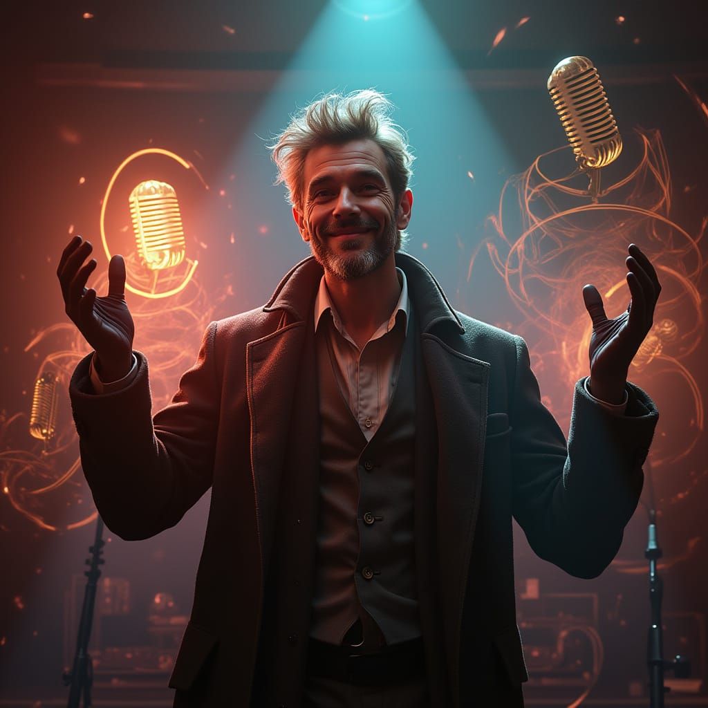 Enigmatic Performer in Holographic Aura, Shaping Sound Waves