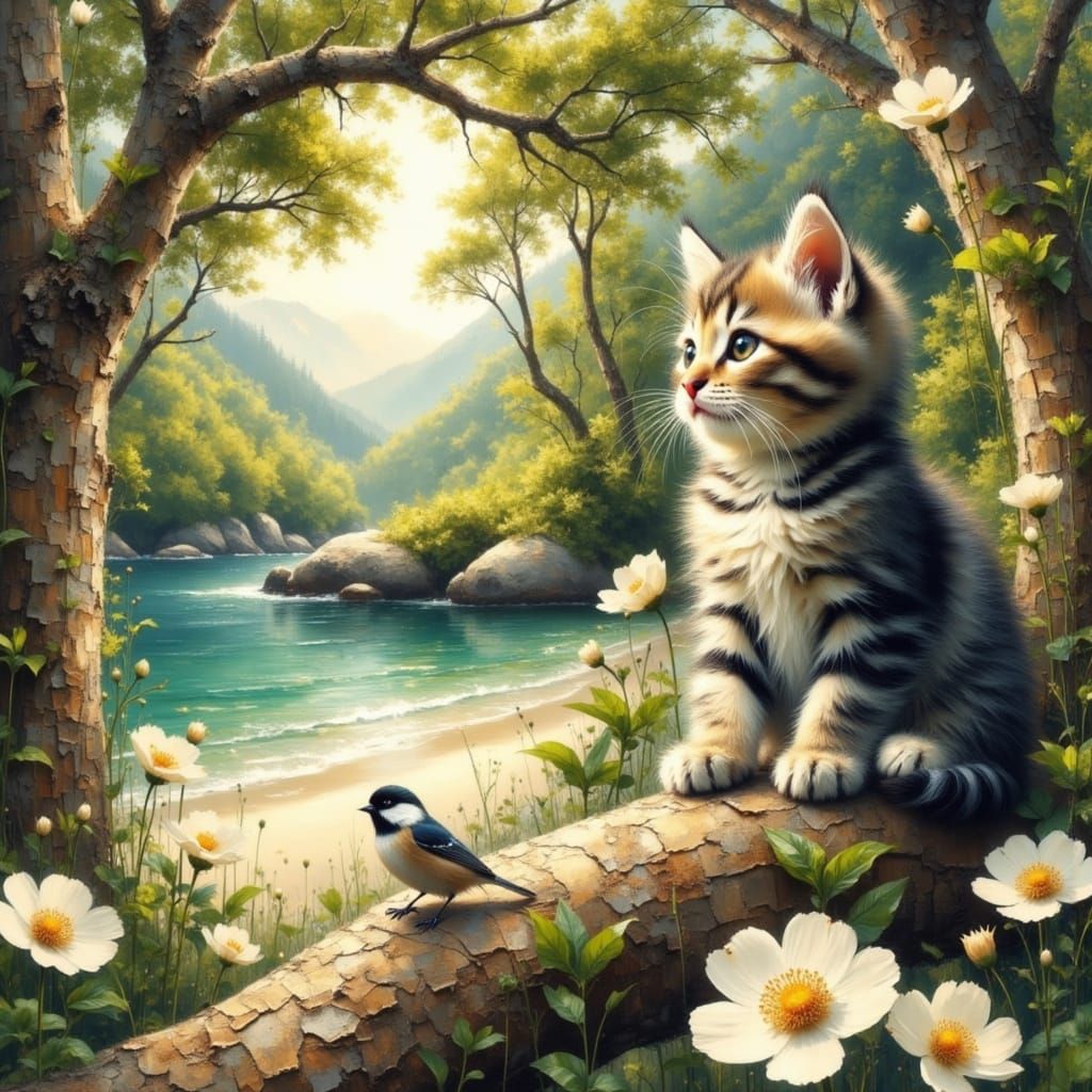 Cute Kitten in Forest Sunlight with Beach Background