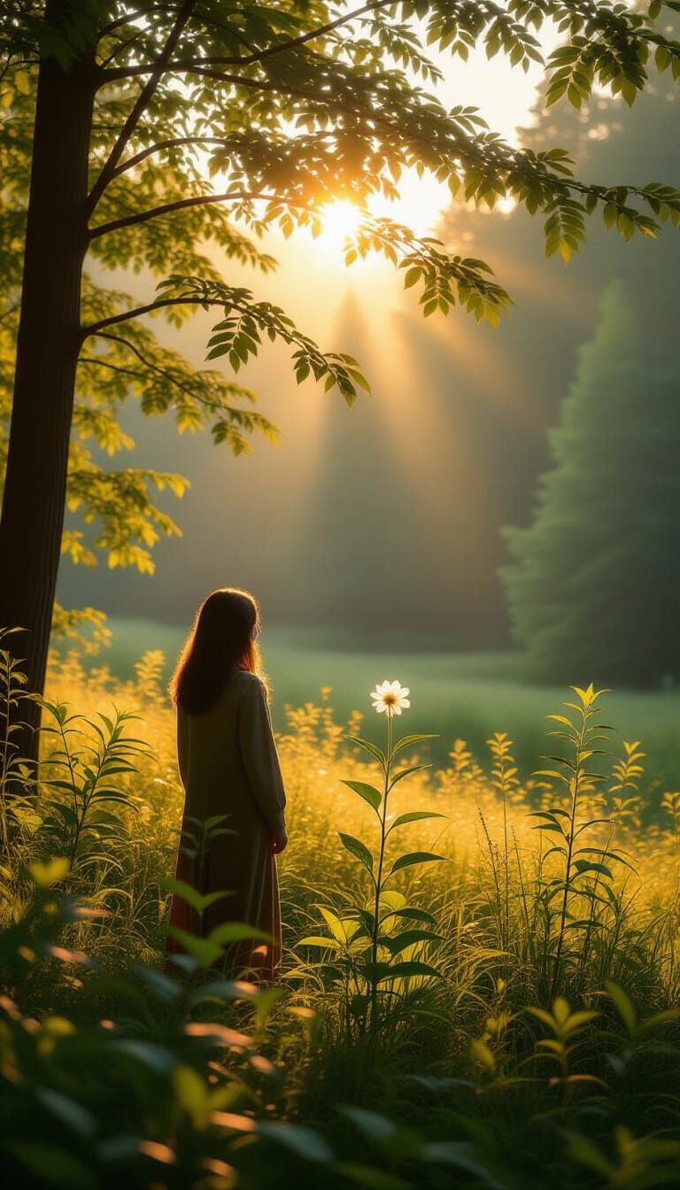 Golden Hour Forest Clearing with Wildflower