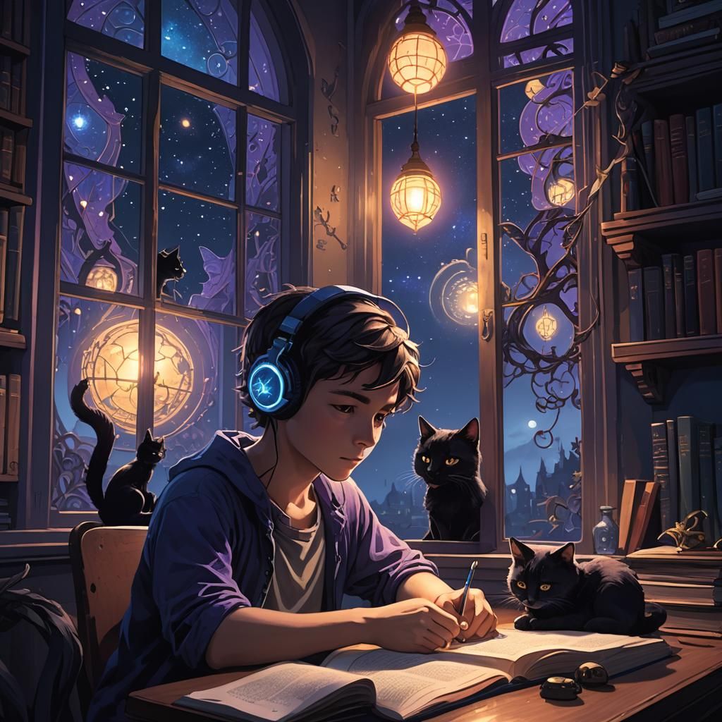 Boy Studying at Night with Cat, Fantasy Concept Art
