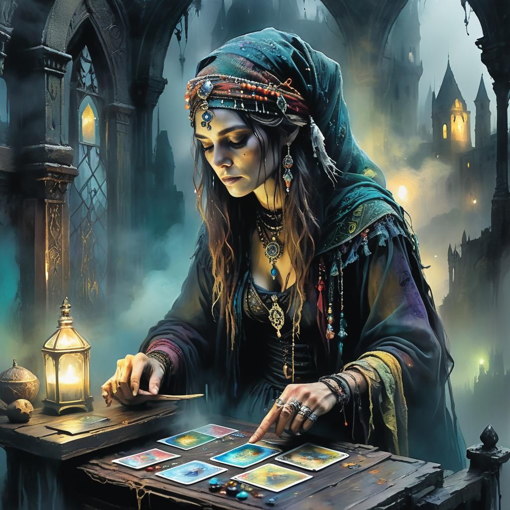 Gothic Fortune Teller Pulling Hermit Tarot Card