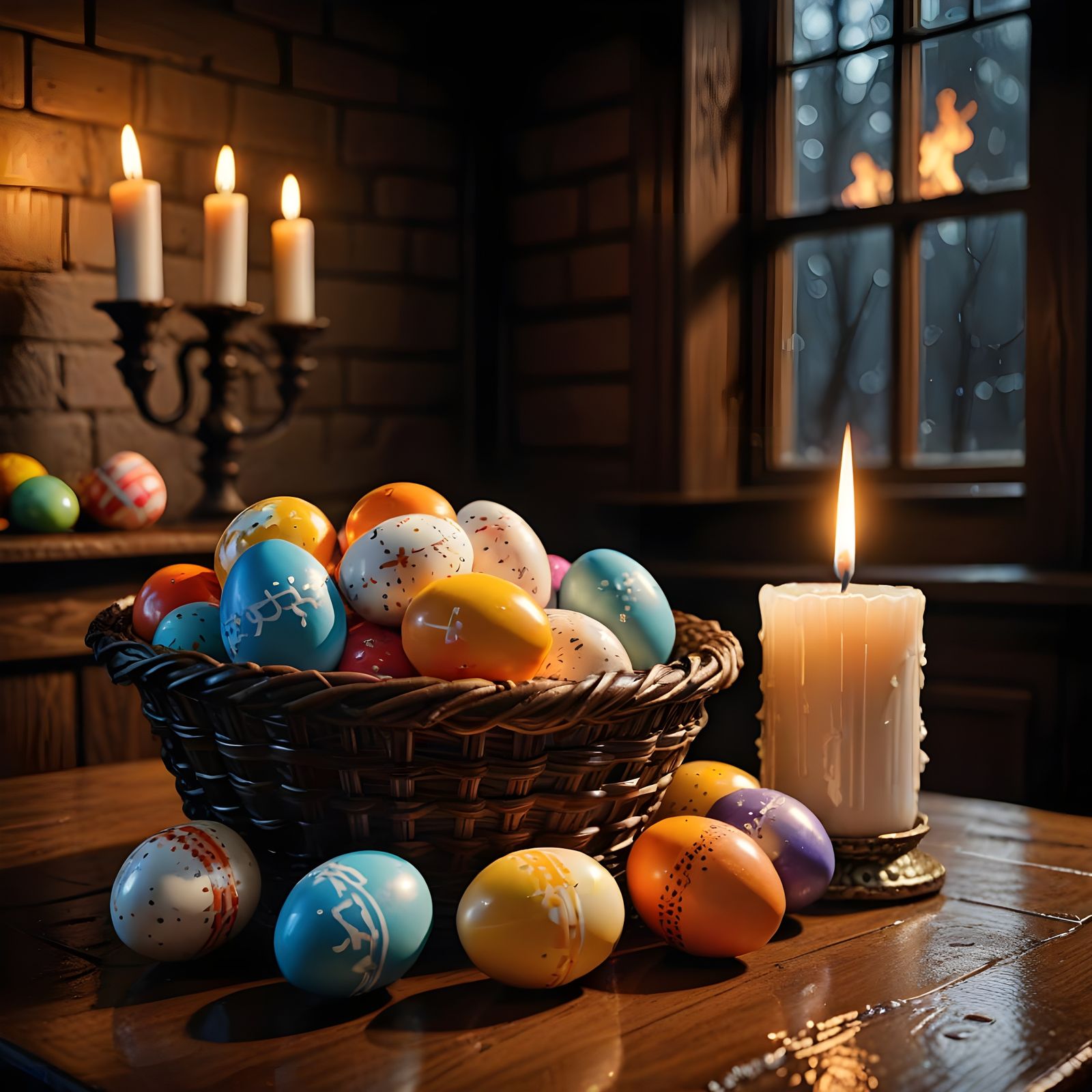 Vibrant Easter Eggs Amidst Warm Candlelight