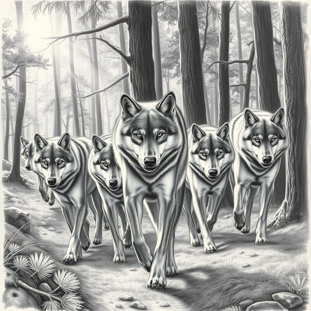 Grey Wolves Roam a Sunlit Forest in Realistic Style