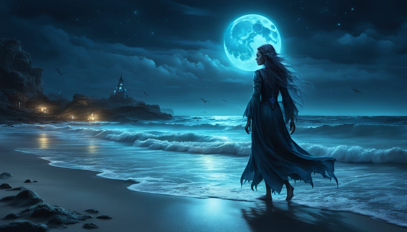 Sea Witch on Moonlit Beach in Magical Realism