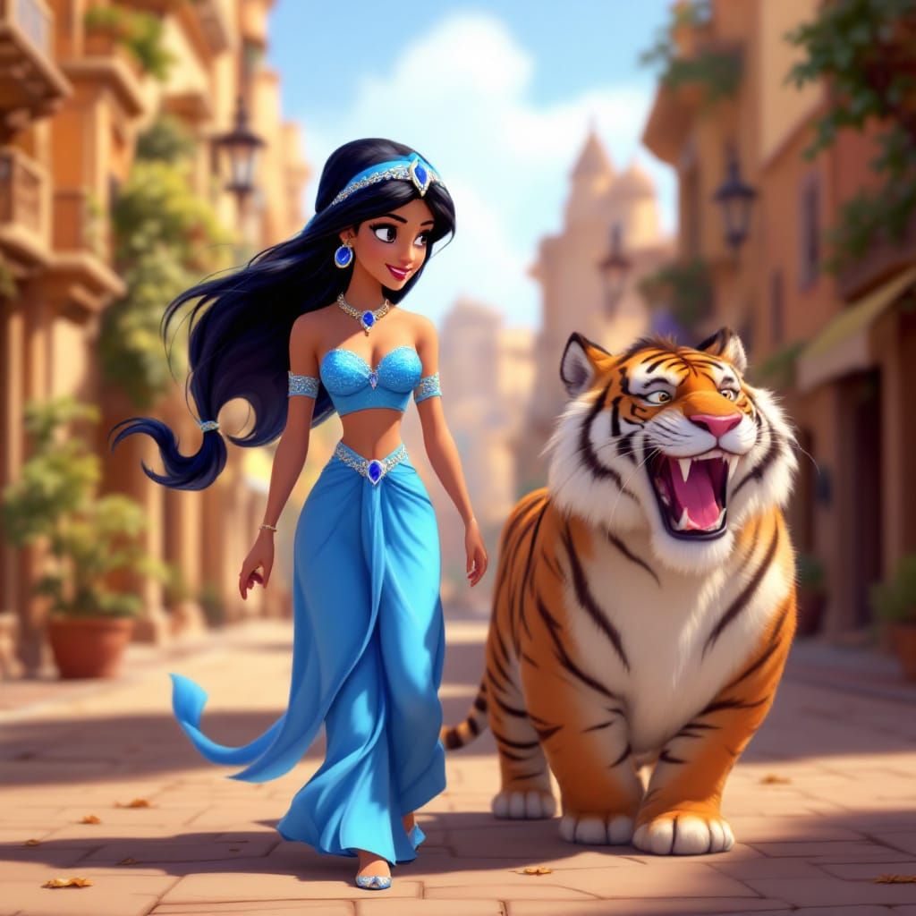 Jasmine and Rajah Stroll Through Agrabah