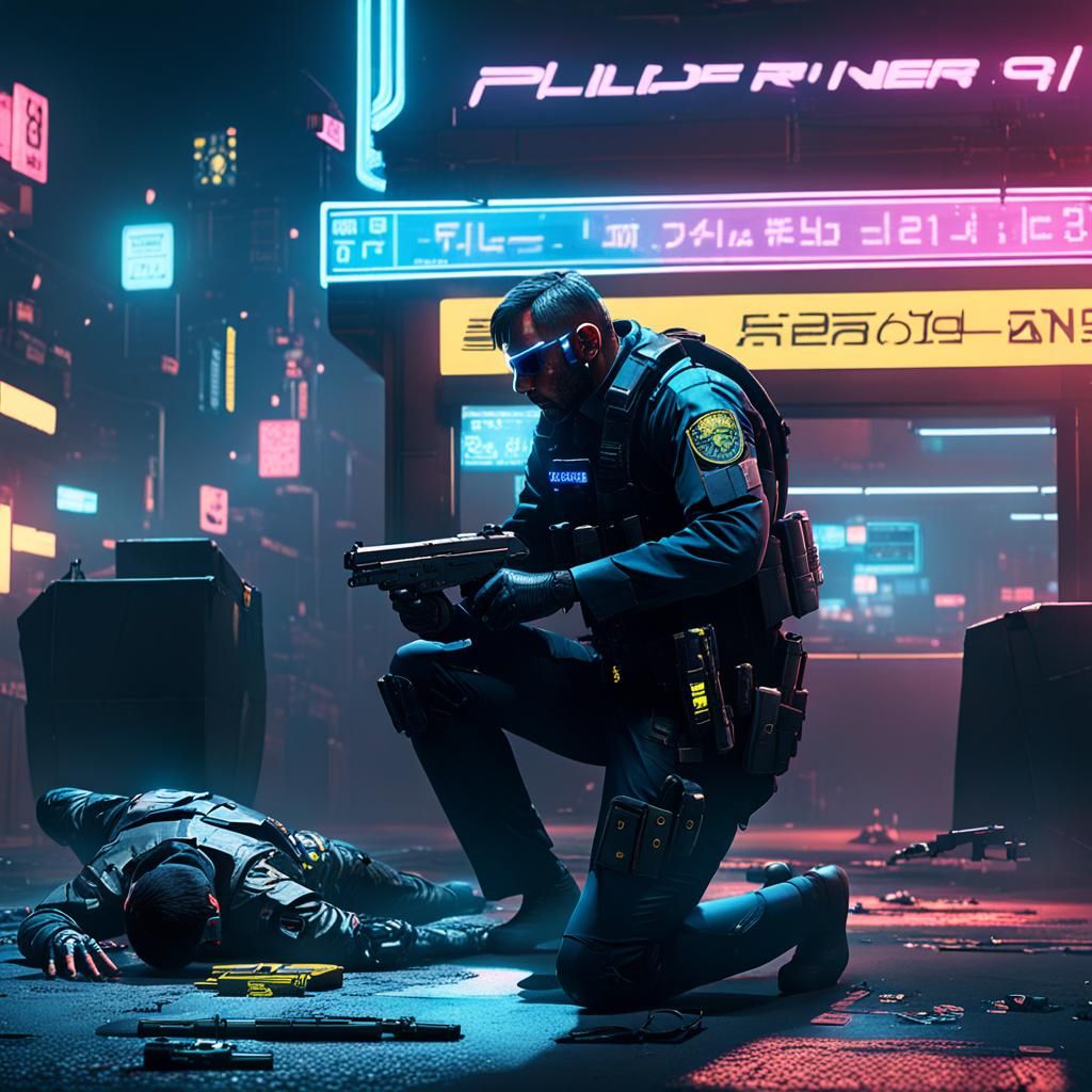 Cyborg Detective Investigates Crime Scene in Cyberpunk City