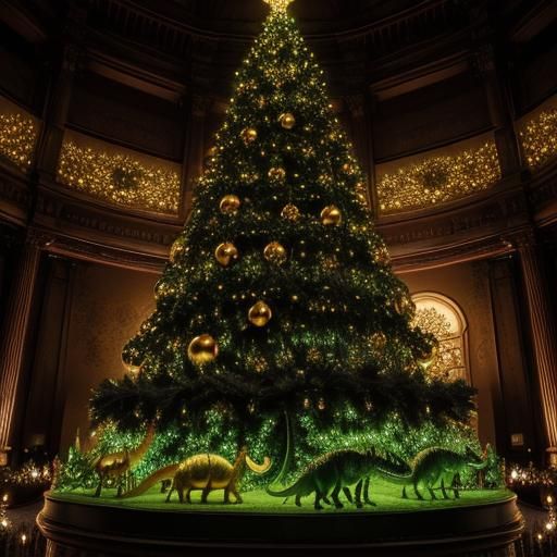 Hyperrealistic Christmas Tree with Dinosaurs and Dragons