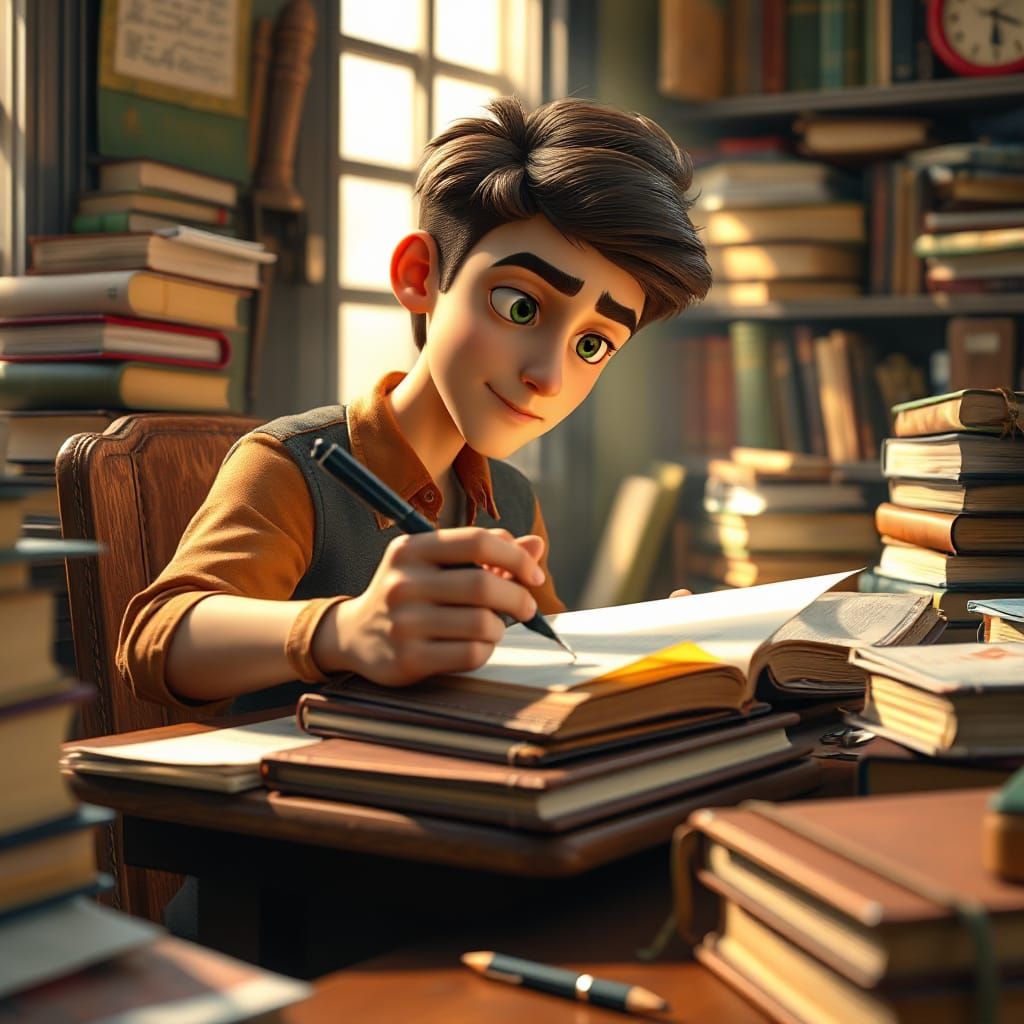 Intense Student Focuses on Knowledge in Cozy Study Nook