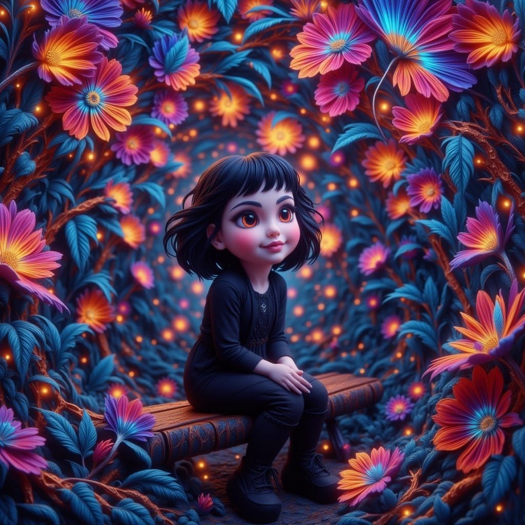 Vibrant Goth Girl in a Maze of Glowing Flowers